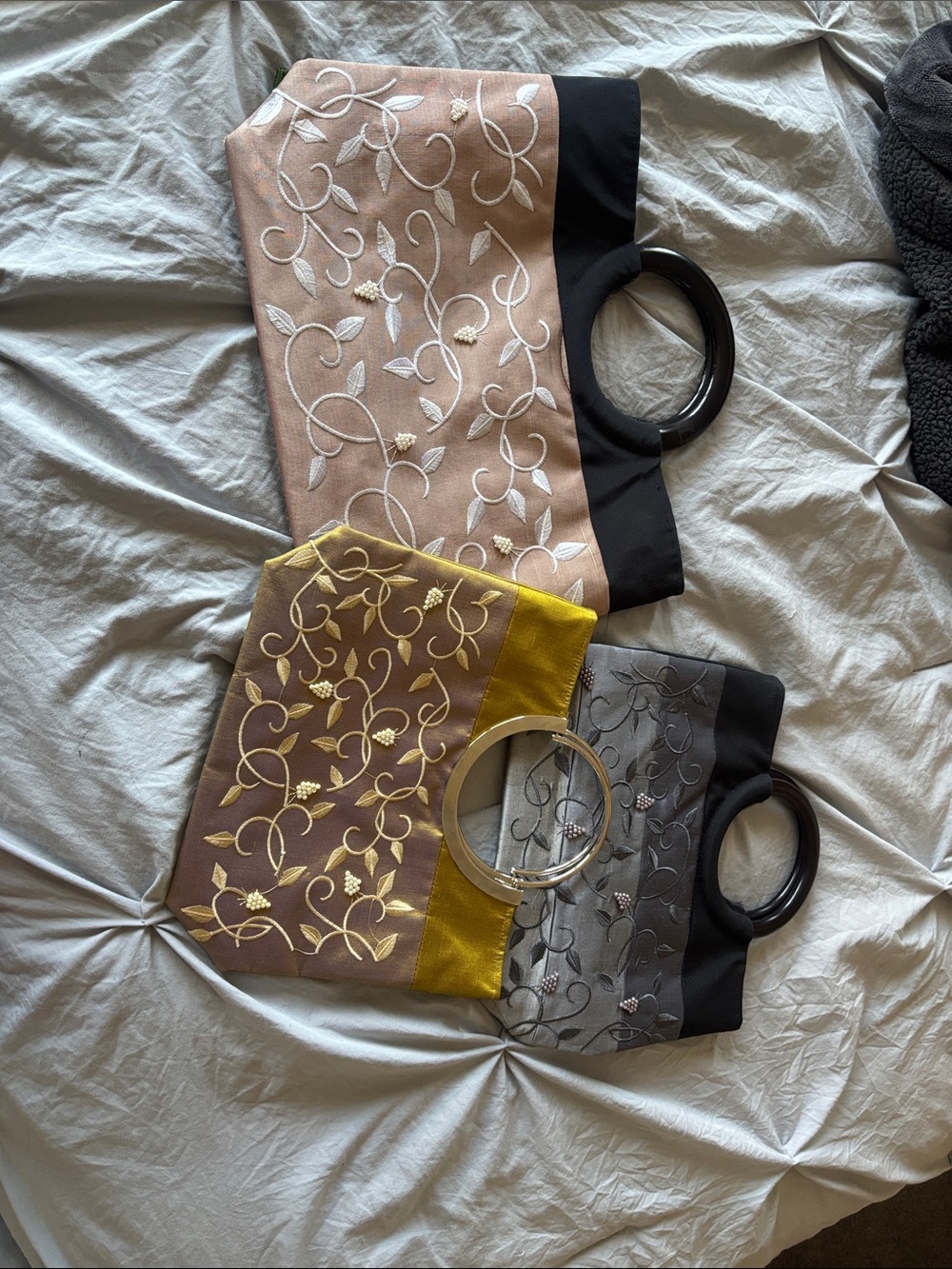 Embroidered Floral Ring-Handle Clutch - Blush, Mustard & Gray